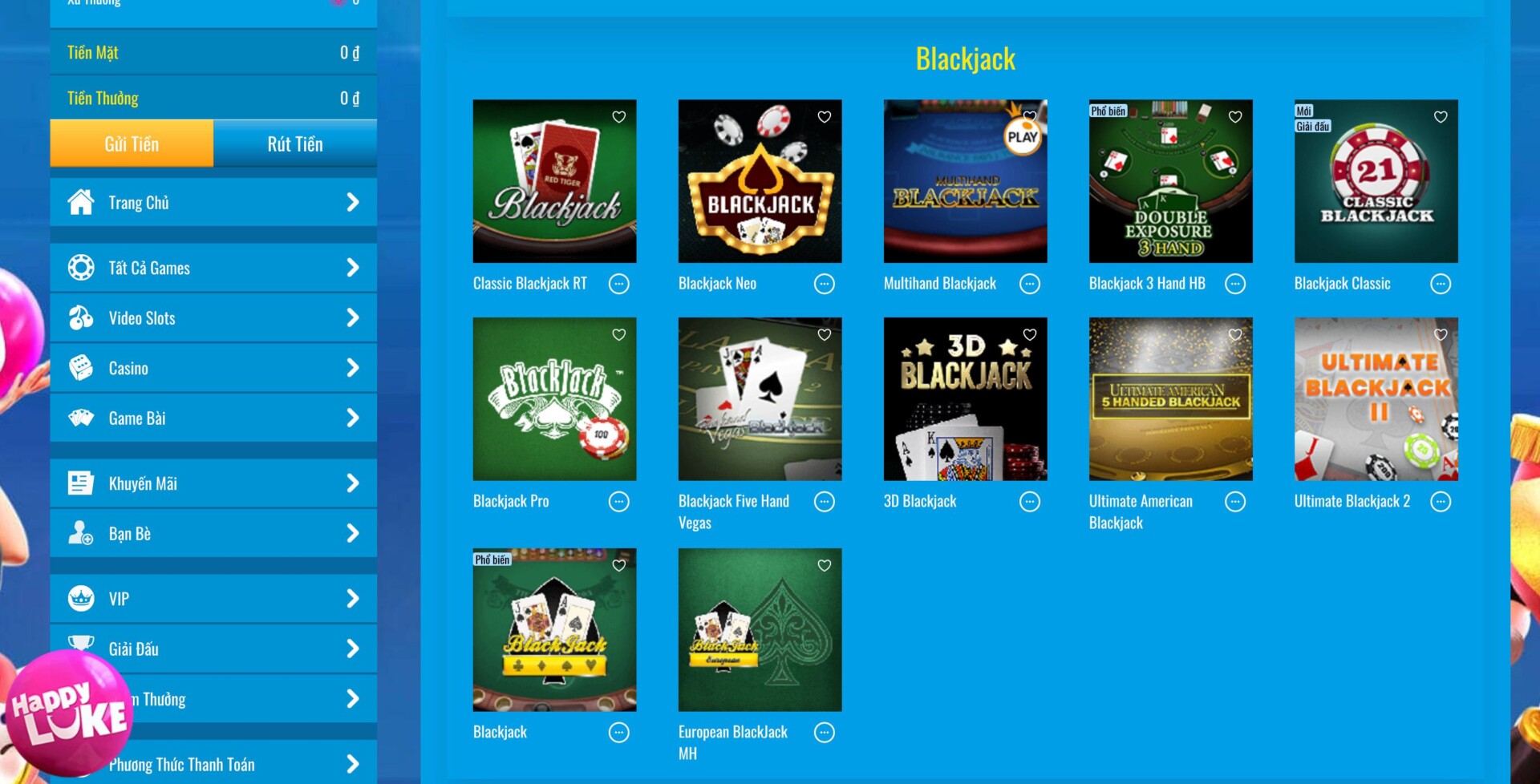 Happyluke cung cấp đến cược thủ nhiều phòng chơi Blackjack